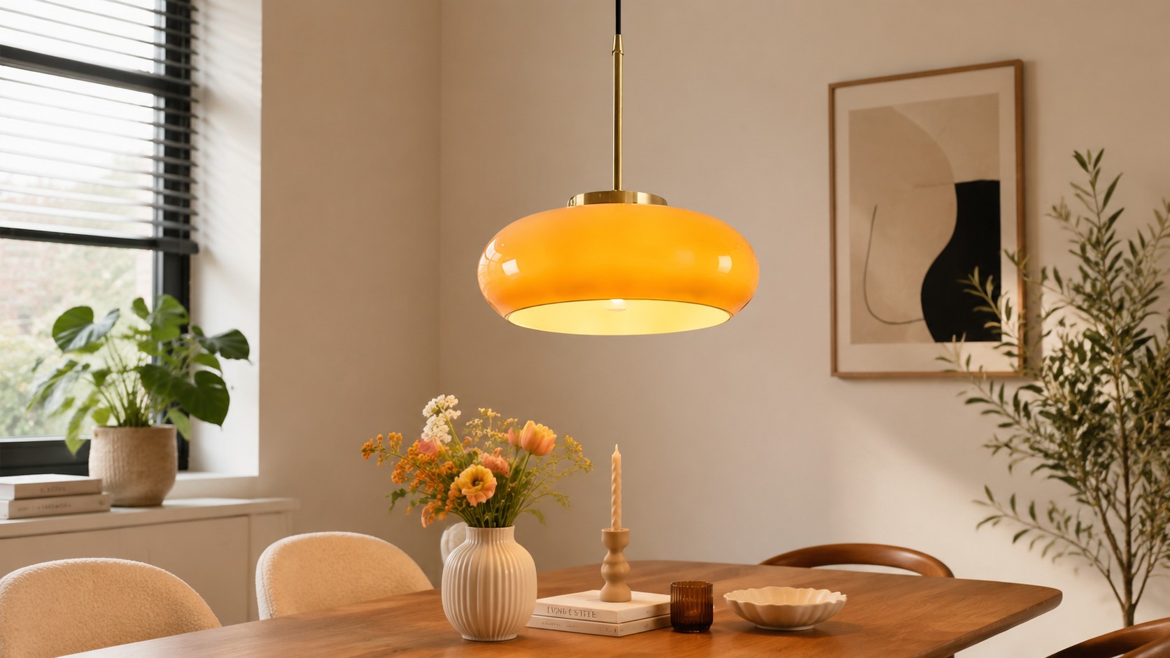 Vintage Bauhaus hanglamp boven een eettafel