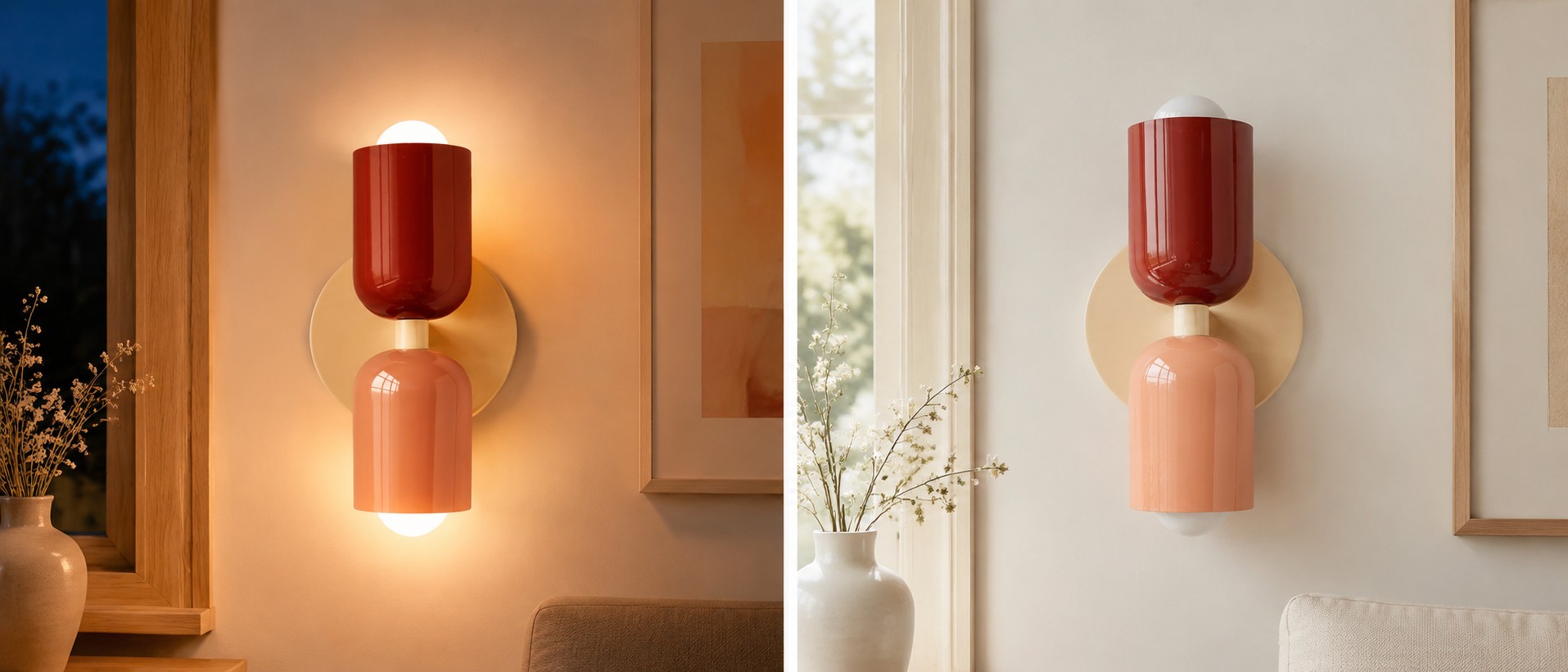 Vergelijking van Symra wandlamp met verlichting aan en uit