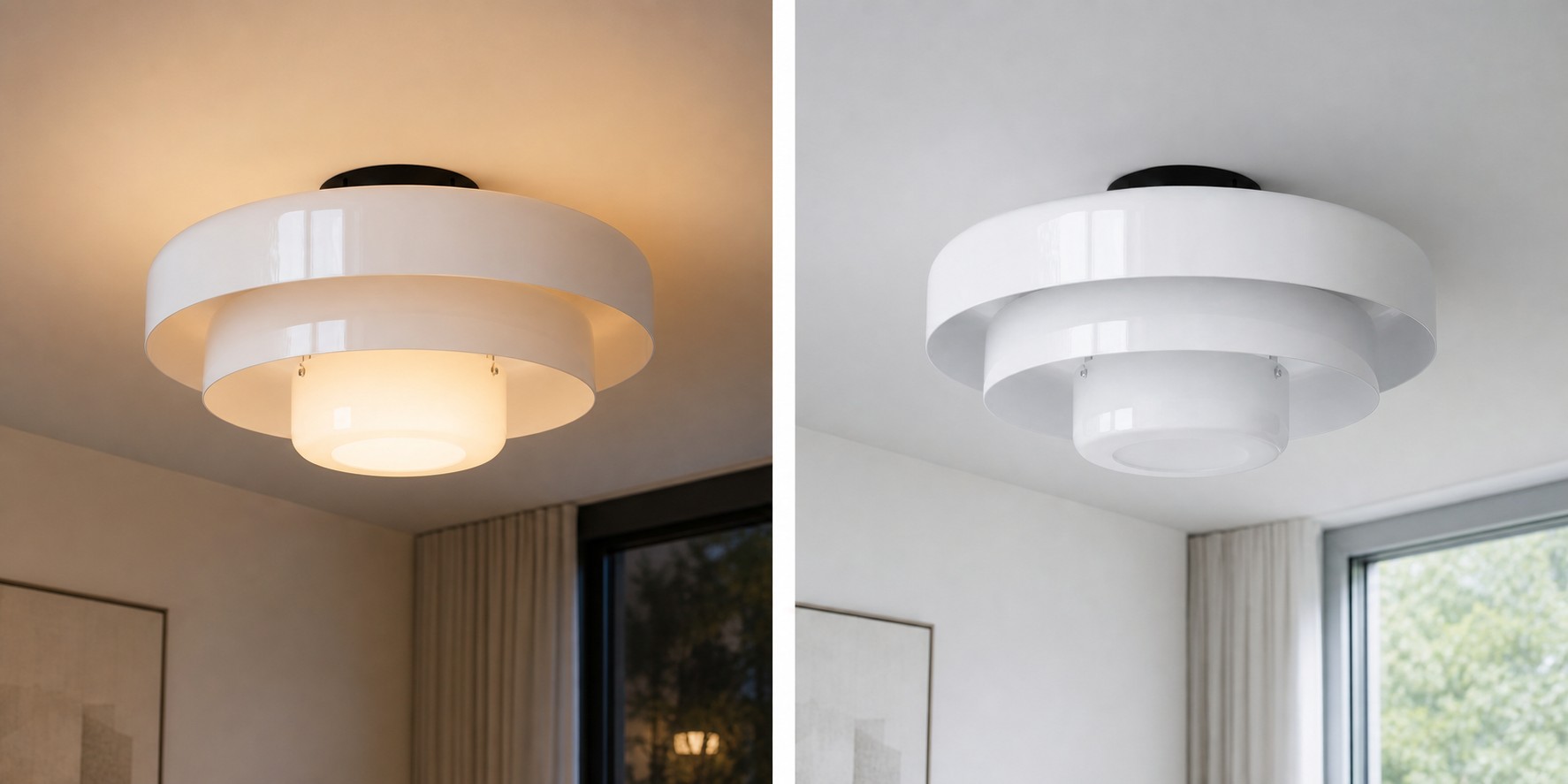 Vergelijking van warm licht en koel licht bij de Veleora plafondlamp