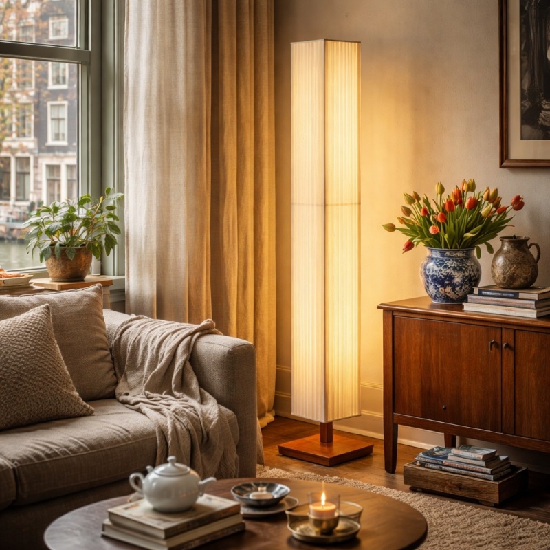 Bailey vloerlamp in een warme woonkamer
