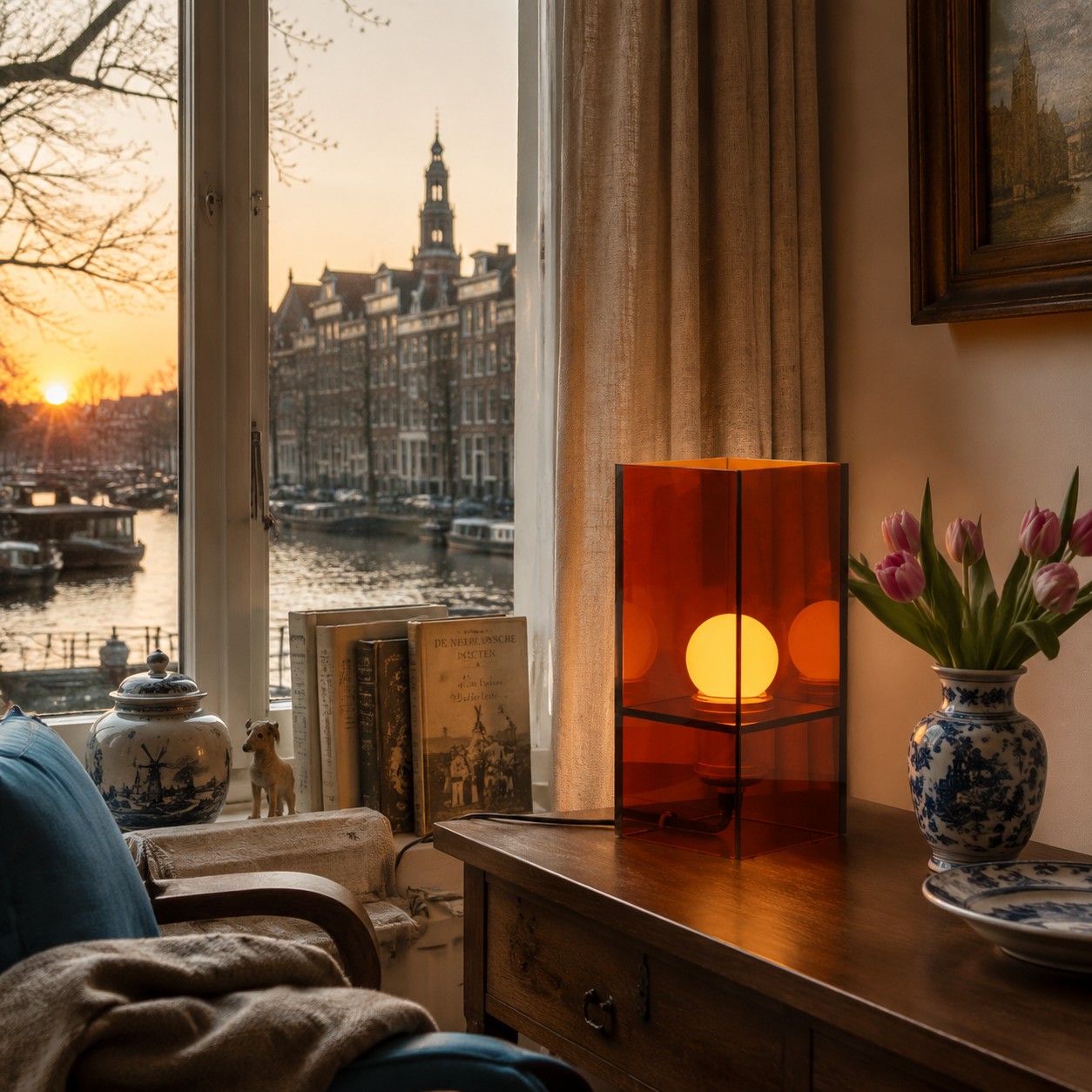 Amber tafellamp in warme woonkamer