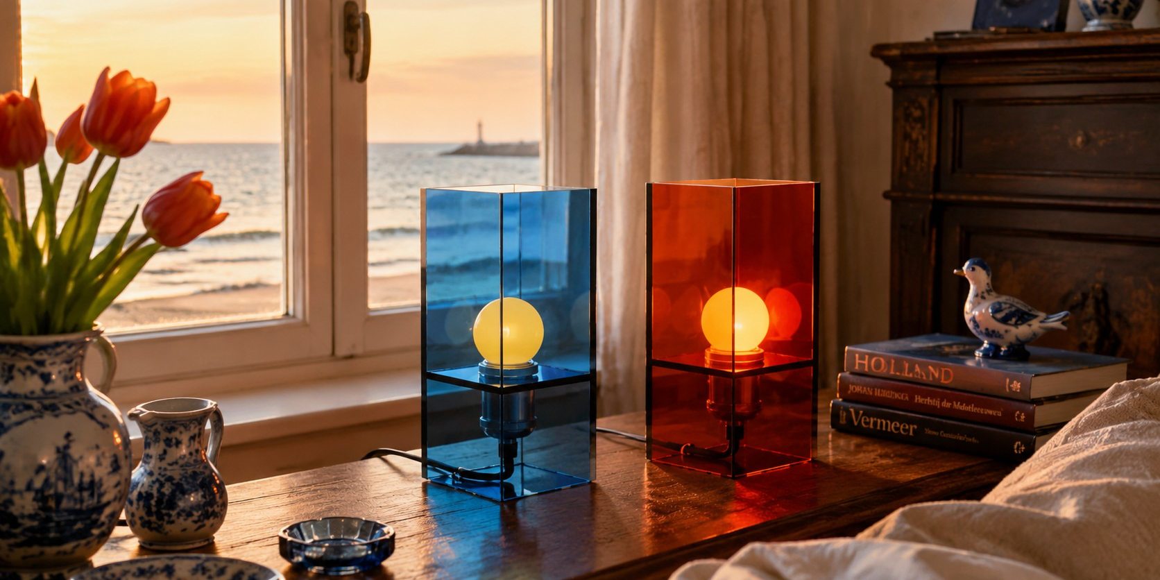 Tafellamp met oceaan zonsondergang kleurverloop in interieur