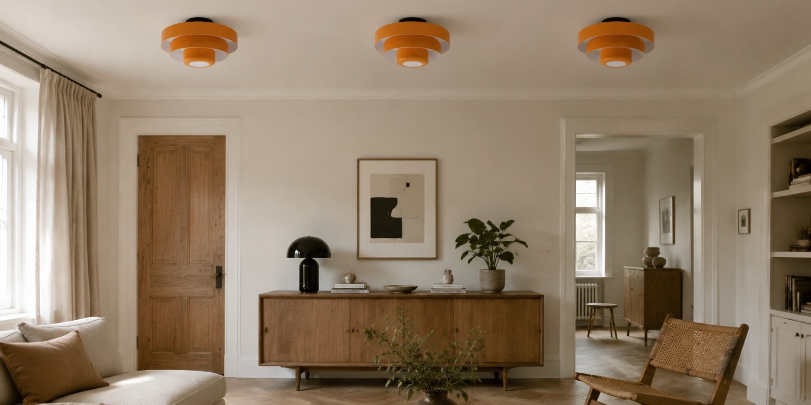 Veleora Bauhaus plafondlamp in een woonkamer met houten meubels