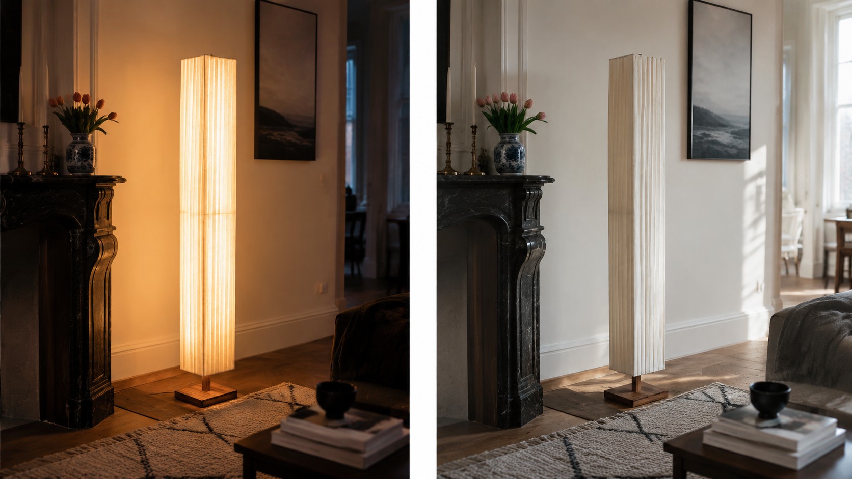 Vergelijking van warm en uitgeschakeld licht bij de Bailey vloerlamp
