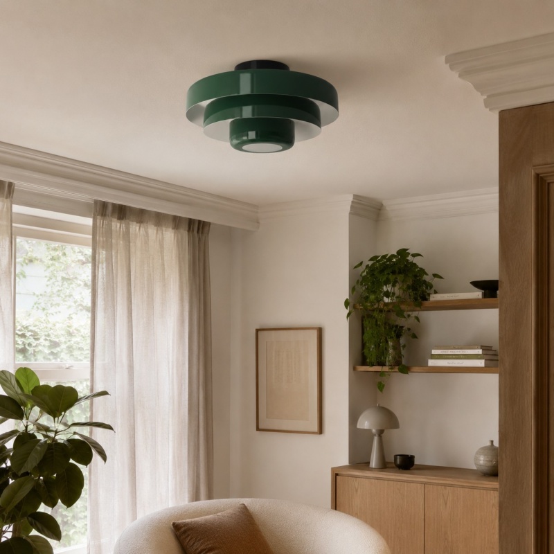 Groene Veleora plafondlamp in een woonkamer met houten kast