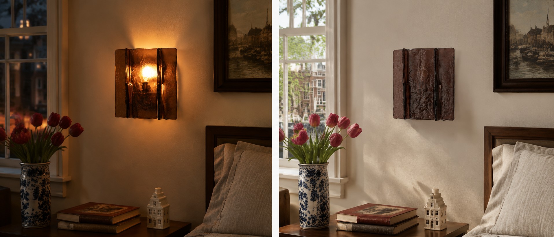 Vergelijking van de Lumiridge wandlamp met licht aan en uit
