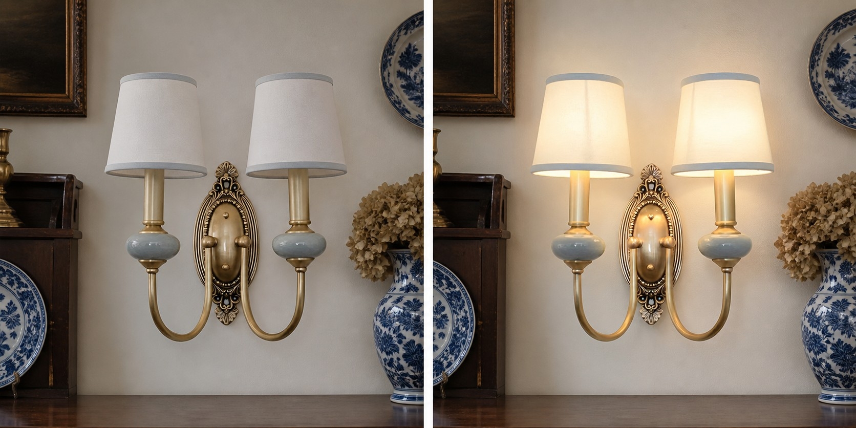 Vergelijking van wandlamp uit en aan