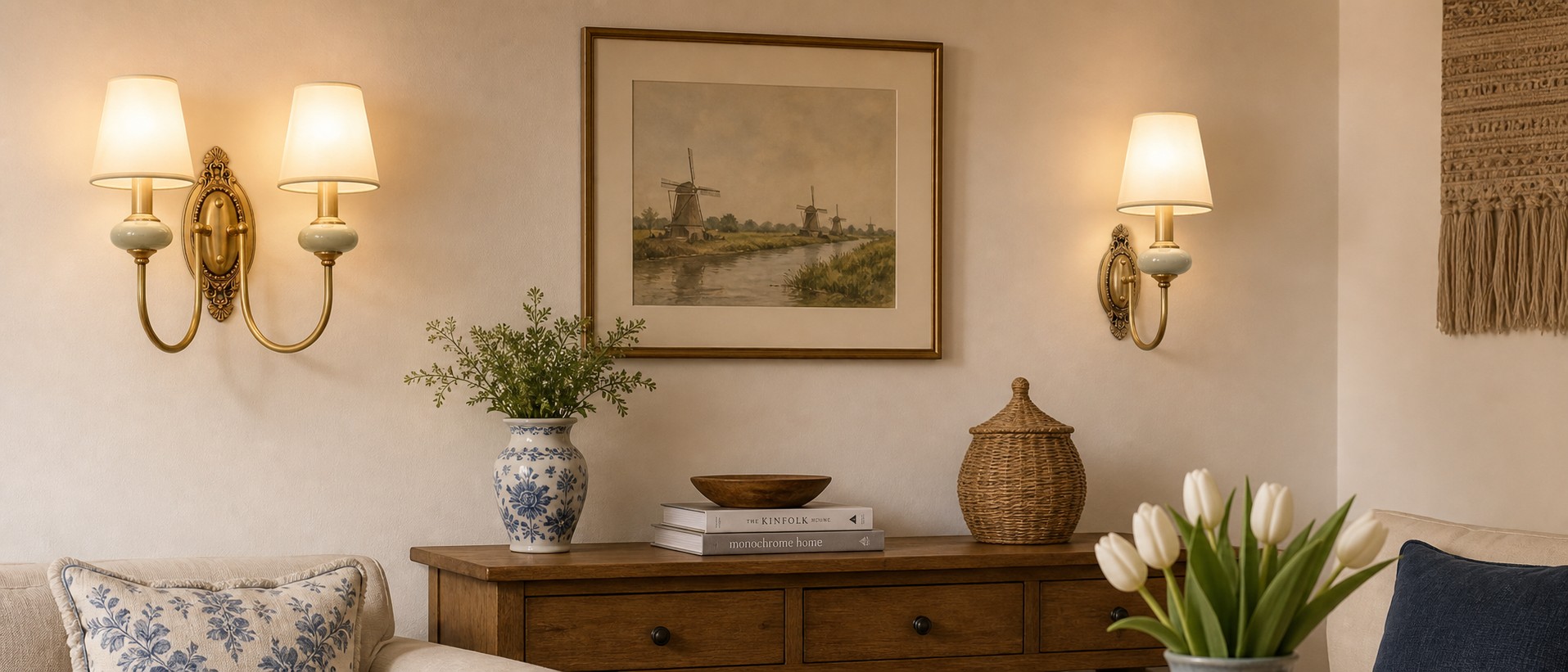Wandlamp met keramiek en koper naast bloemen en decoratie