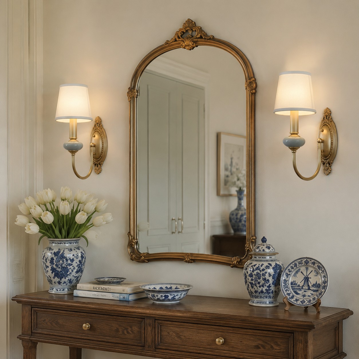 Wandlampen naast grote spiegel boven console