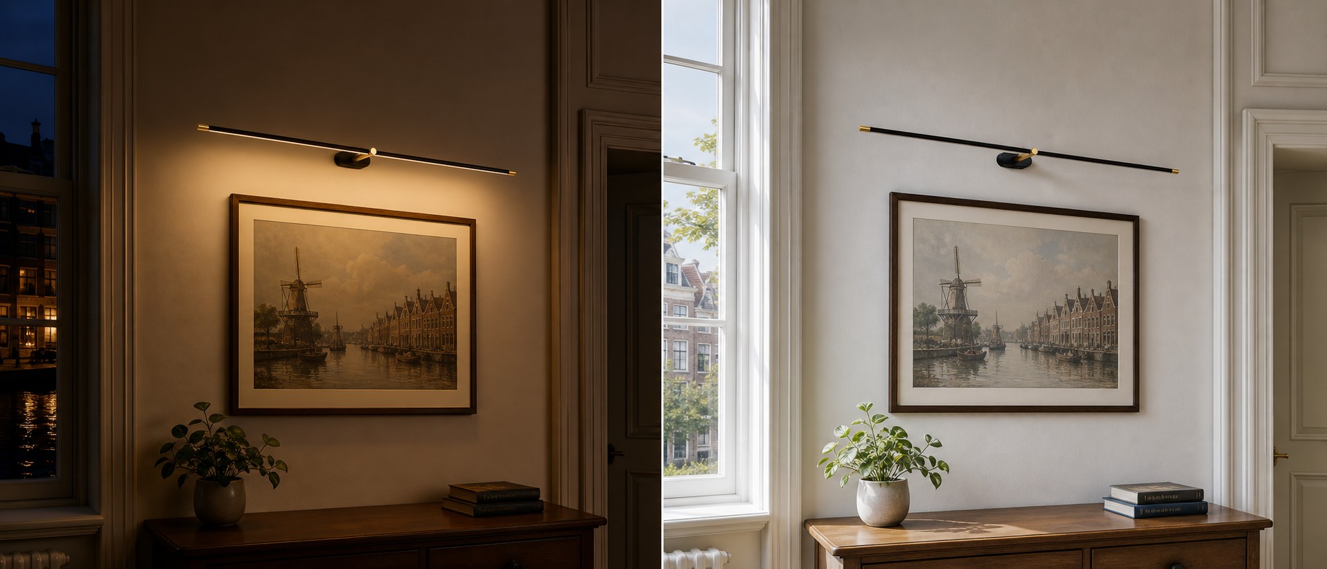 Vergelijking van Kady wandlamp met licht aan en uit