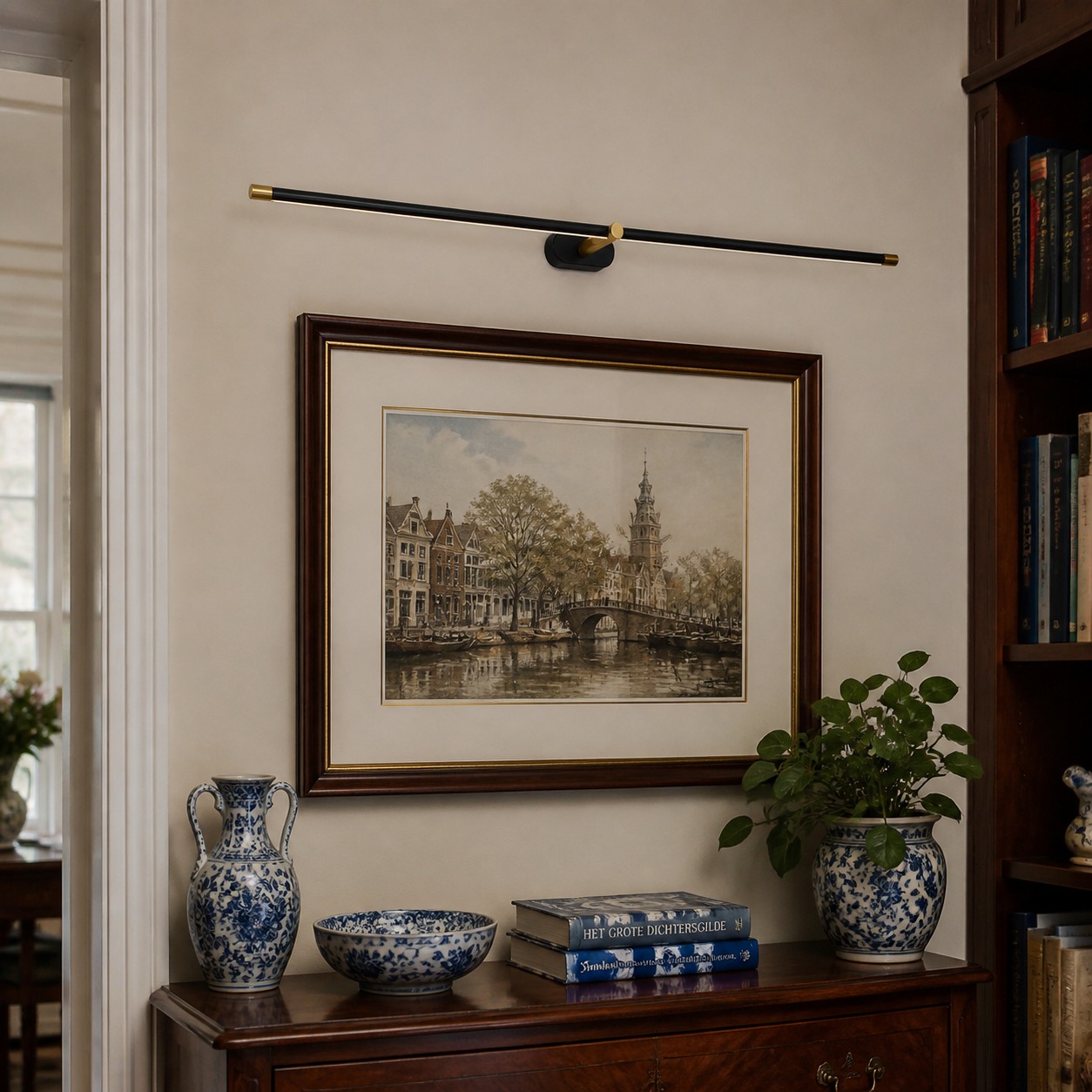 Kady wandlamp boven kunst in een kastopstelling