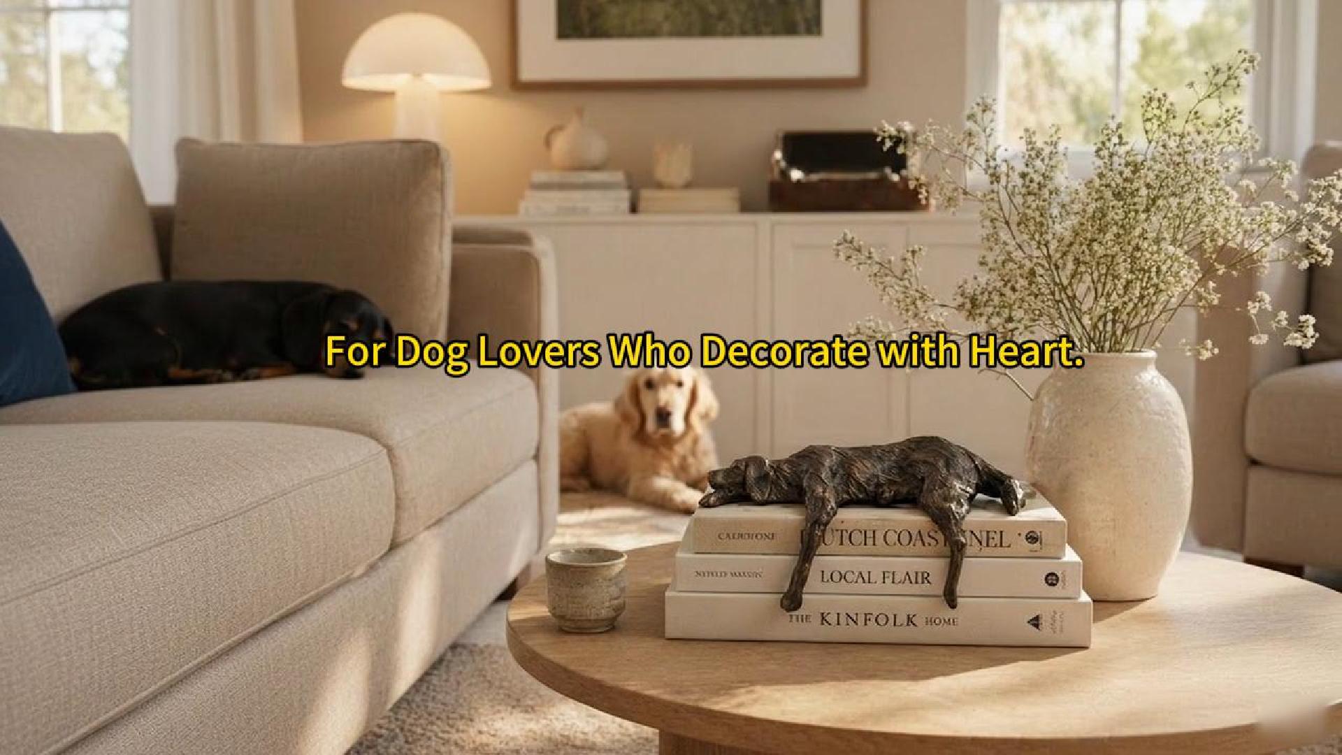 Videoposter van de Floxo hondensculptuur in een woonkamer