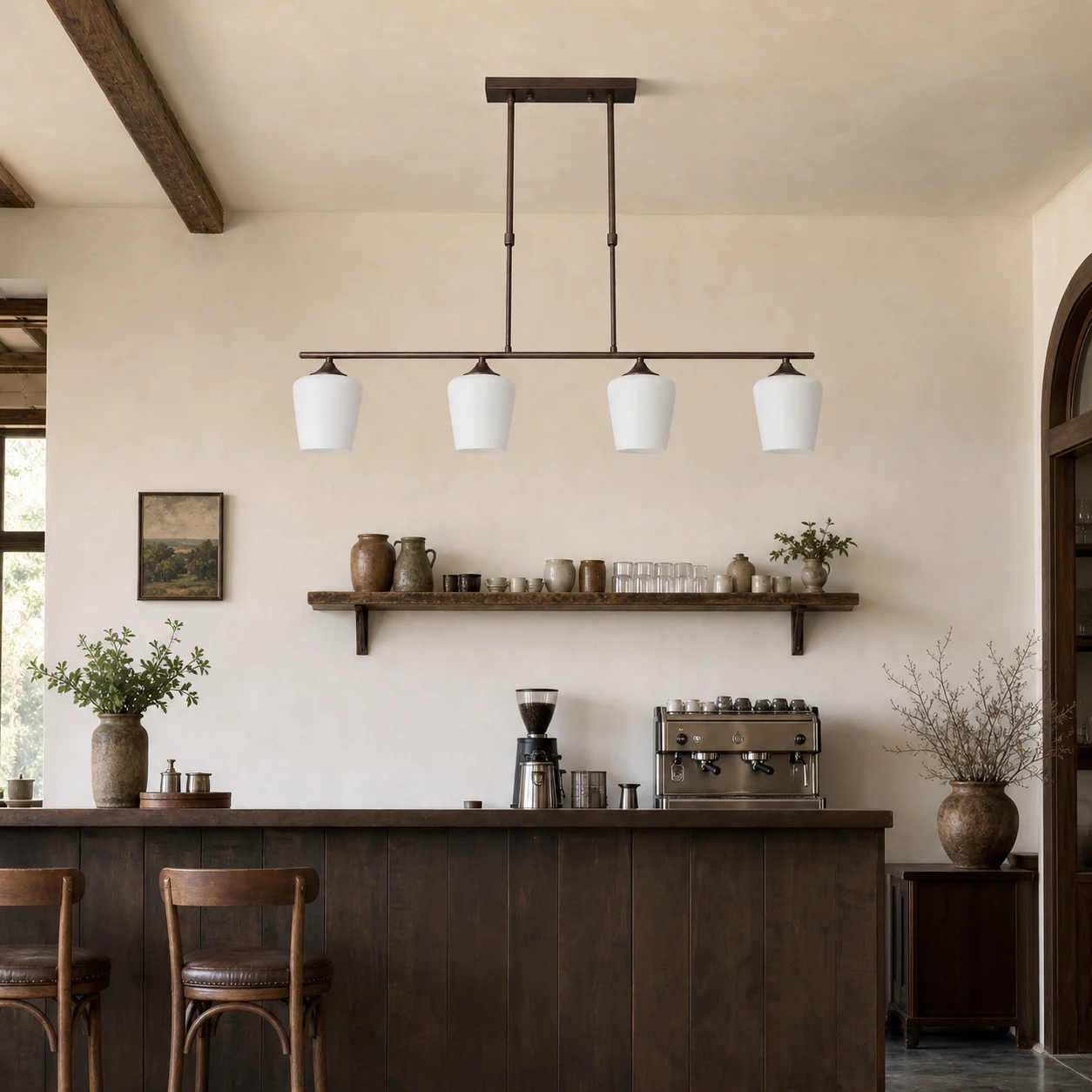 Strellux four-head Coffee Brown chandelier over a cafe counter