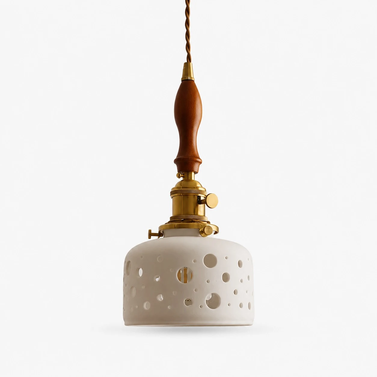 Wood accent dot cutout ceramic pendant light
