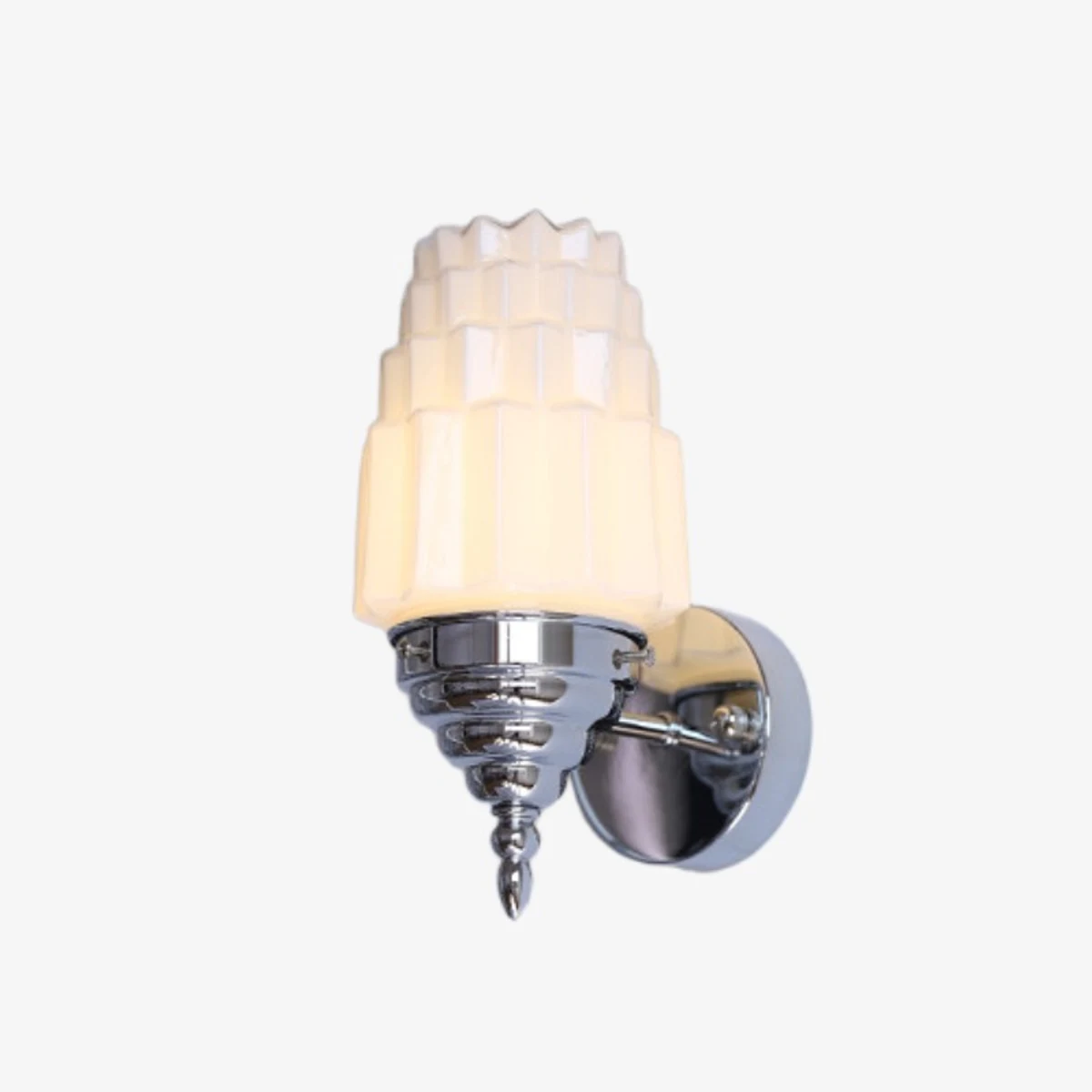 Chrome hardwired Art Deco wall sconce with white glass shade