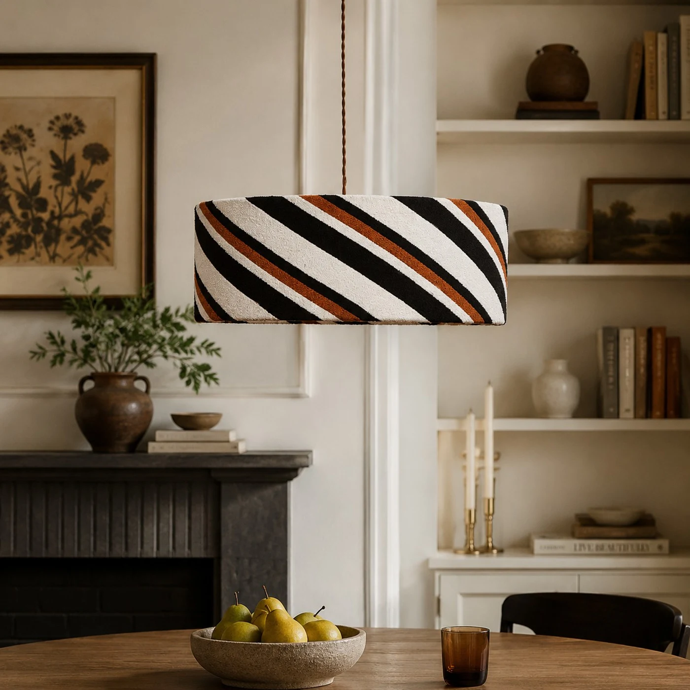 Striped fabric pendant light room detail