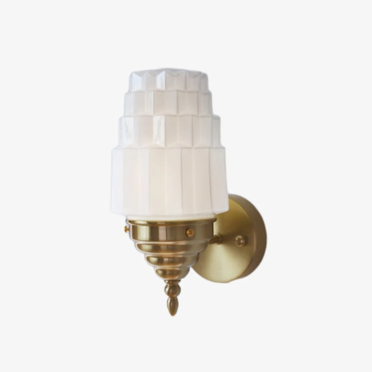 Antique brass hardwired Art Deco wall sconce with white glass shade