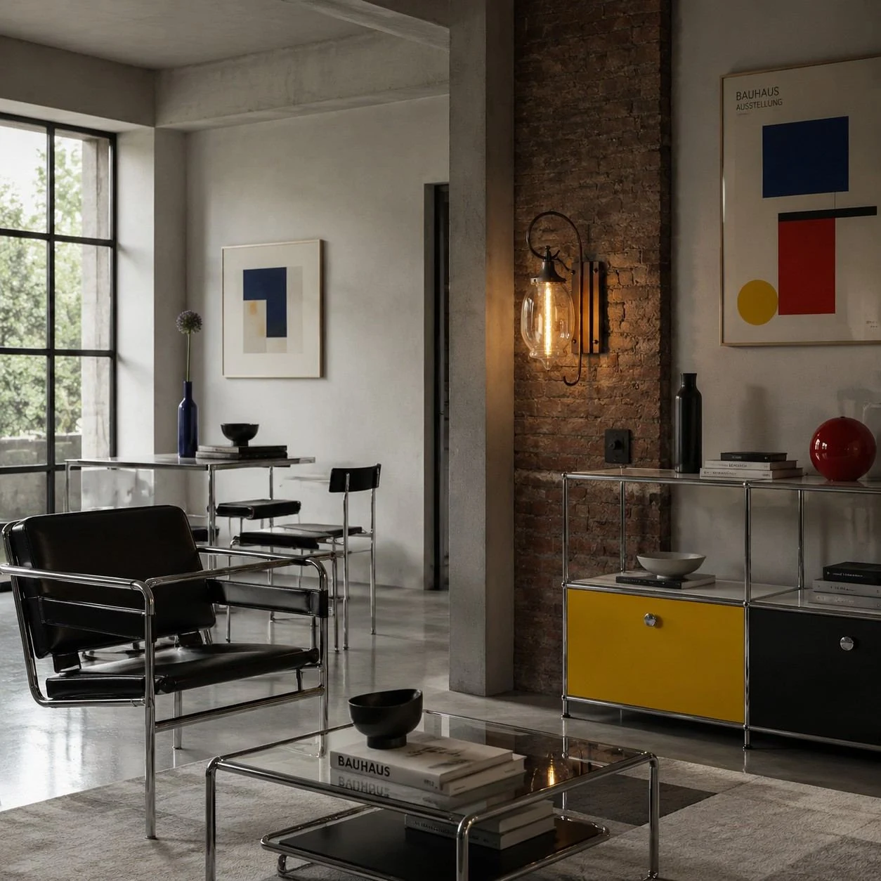 Modern loft installation with brick and Bauhaus decor