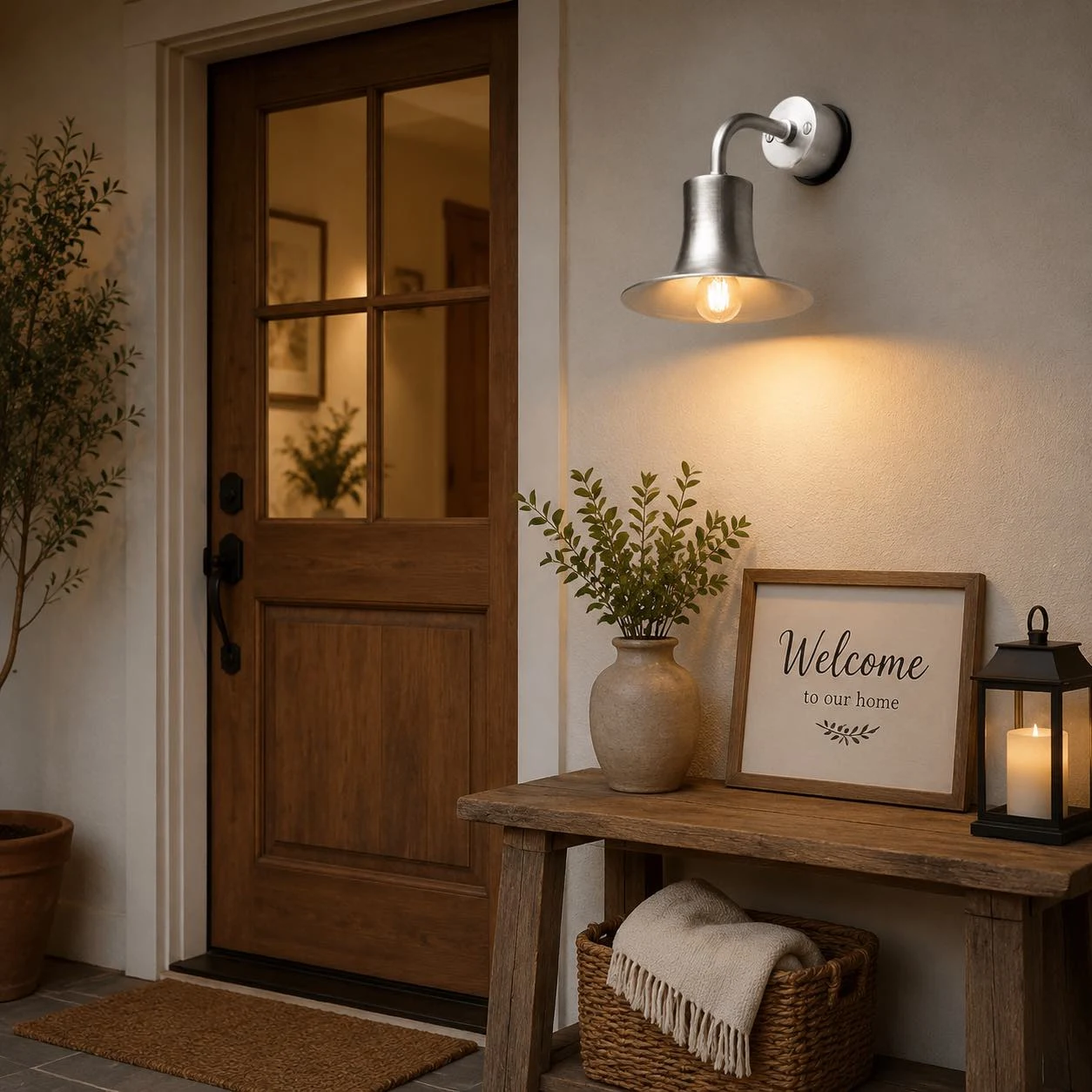 Silver wall sconce installed beside a doorway with console table