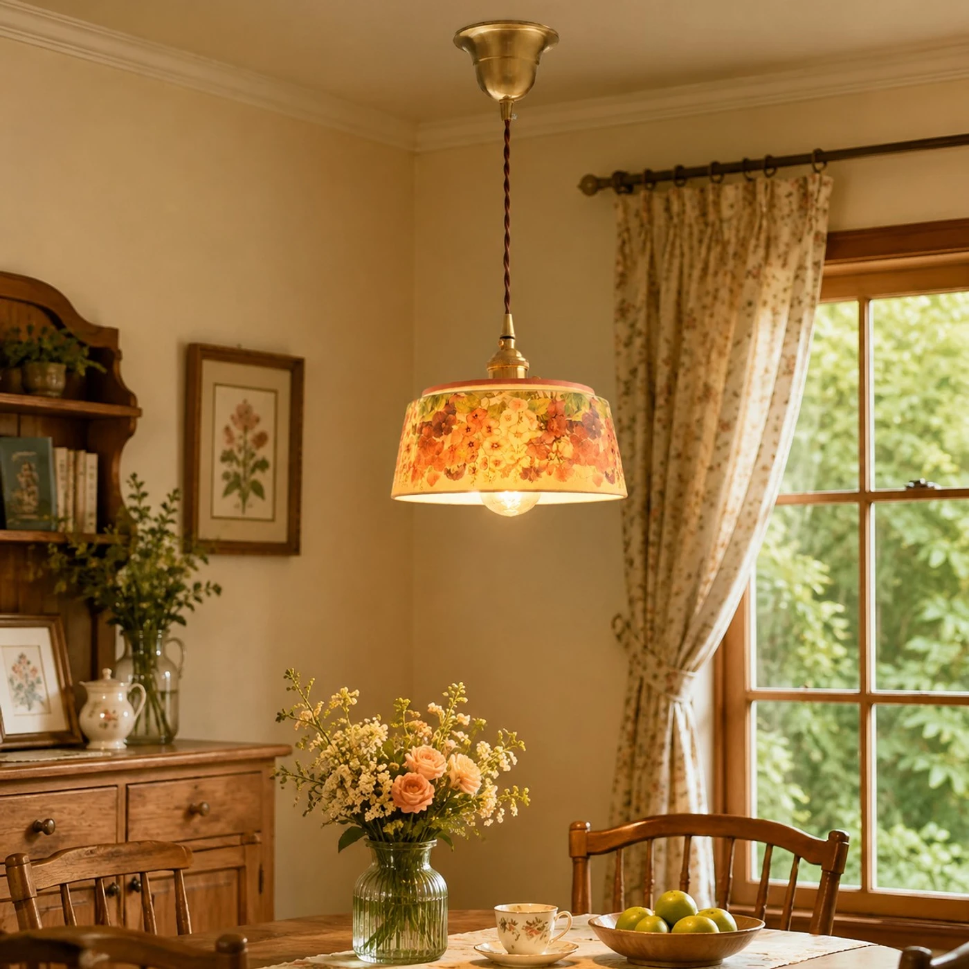 Vintage floral ceramic pendant light detail and room view