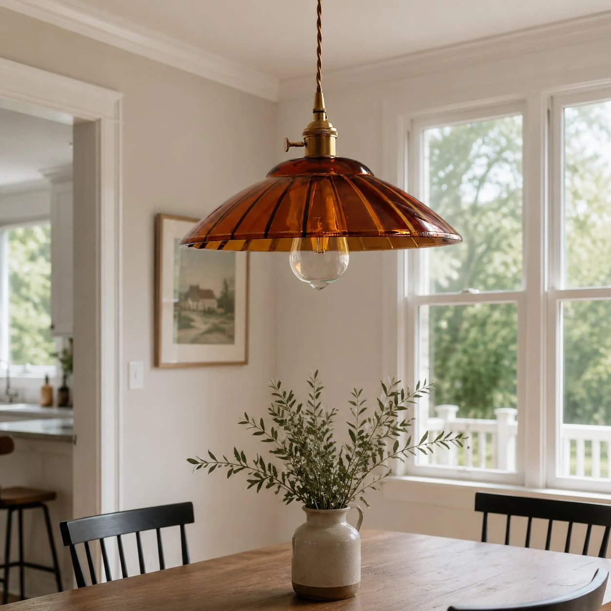 Amber glass pendant over a wood dining table
