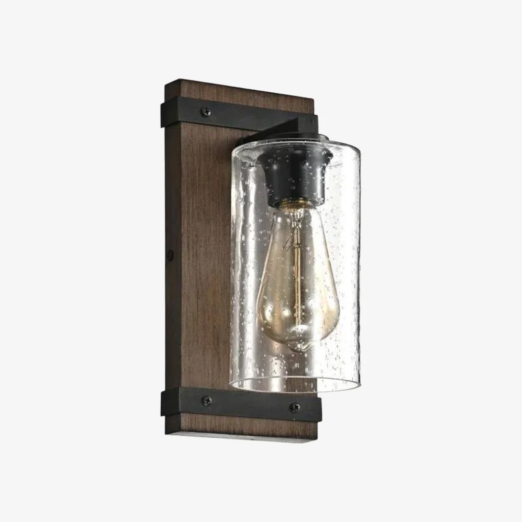 Rustic seeded glass wall sconce with wood finish backplate