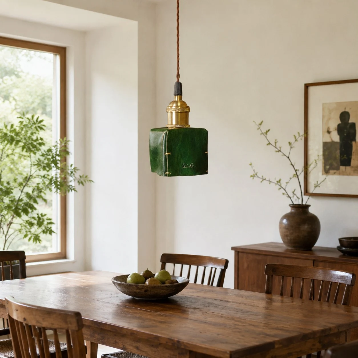 Green pendant in dining room scene