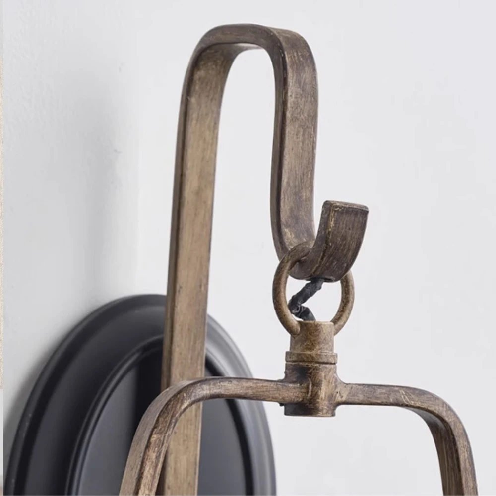 Close view of rust finish metal hook and wall plate