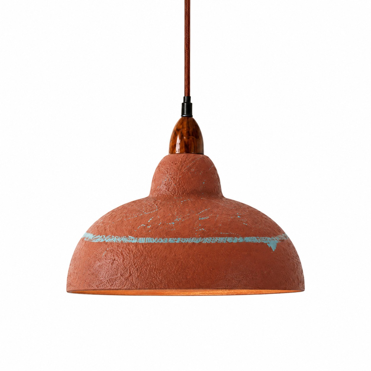 Terracotta resin pendant light on white background