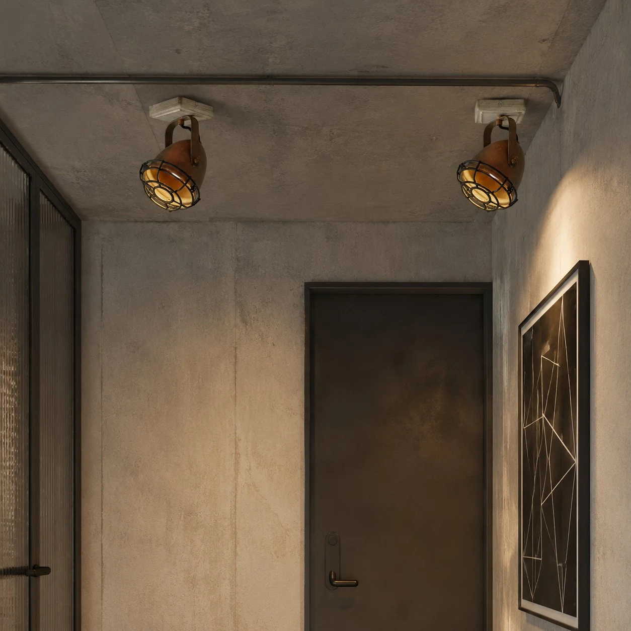 Rust ceiling spotlight installed in an industrial hallway