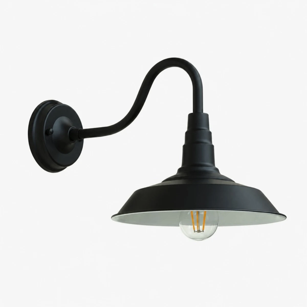 Black gooseneck wall light with round shade on white background