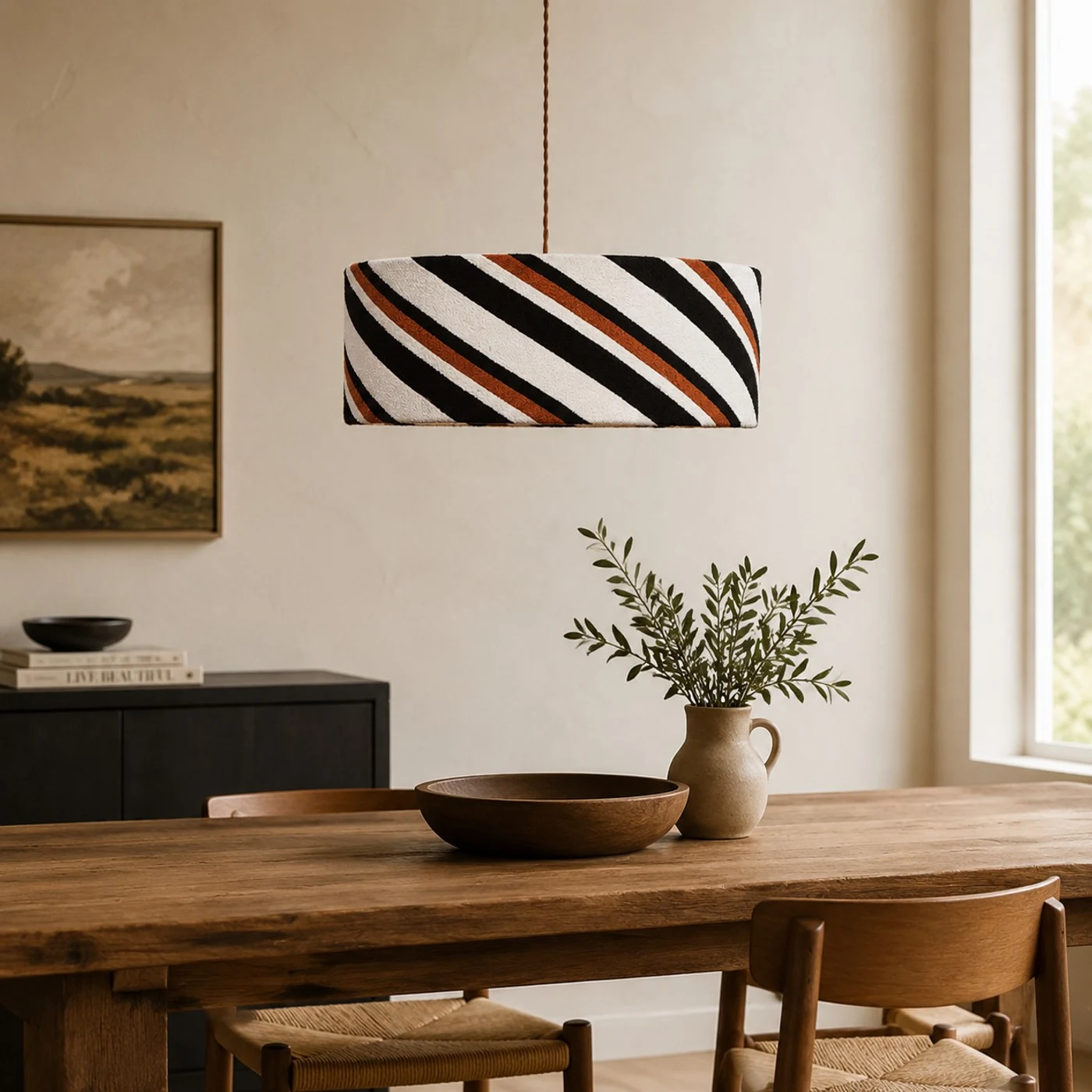 Striped fabric pendant light room detail