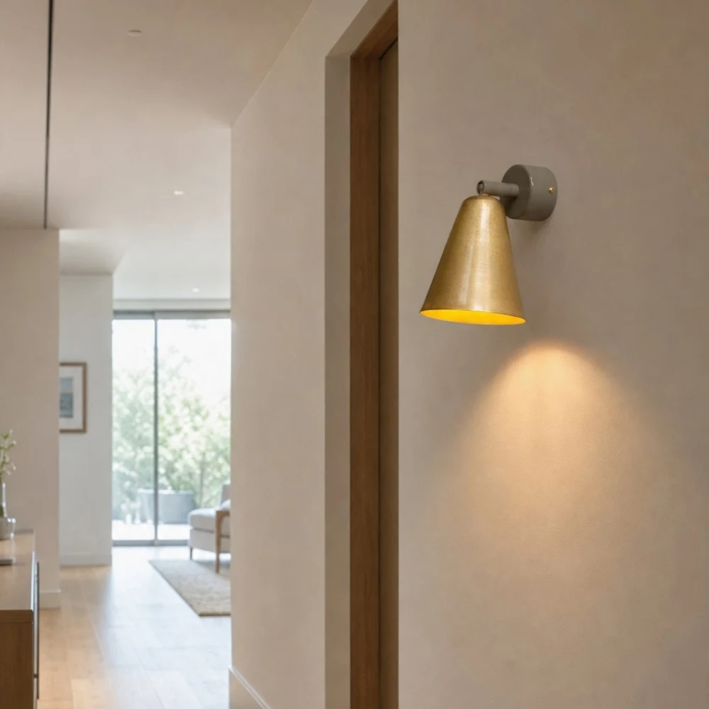 Brass cone wall lamp installed in a hallway