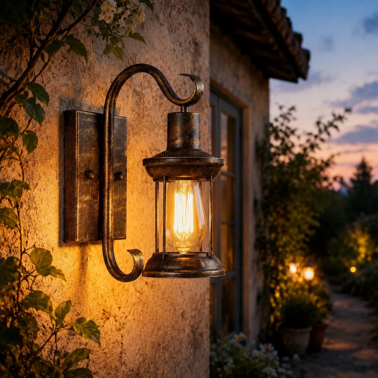 Antique bronze wall lantern glowing on an outdoor entry wall