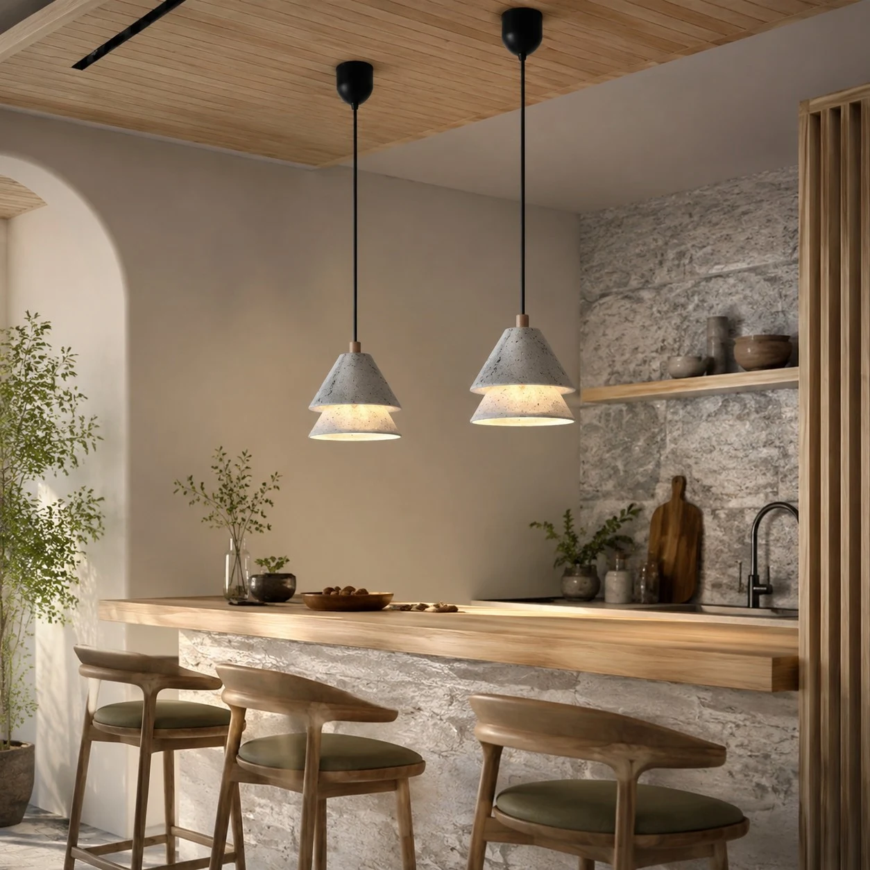 Grey Stone Pendant Light with Paper Diffuser