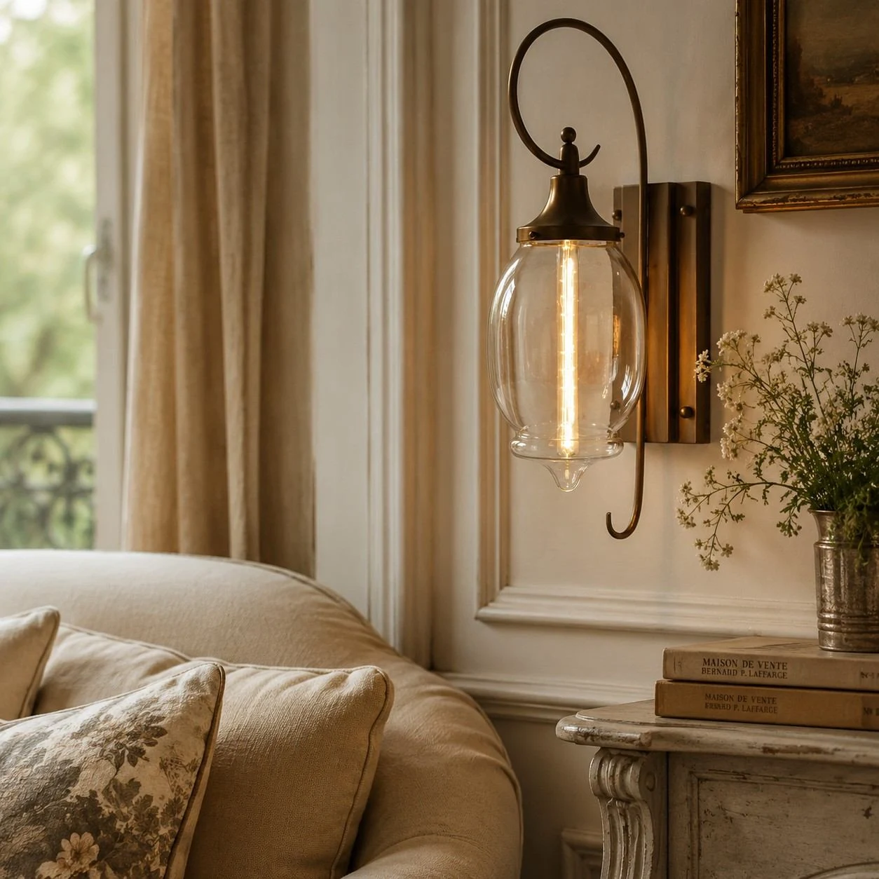 Warm living room installation beside curtains and framed art