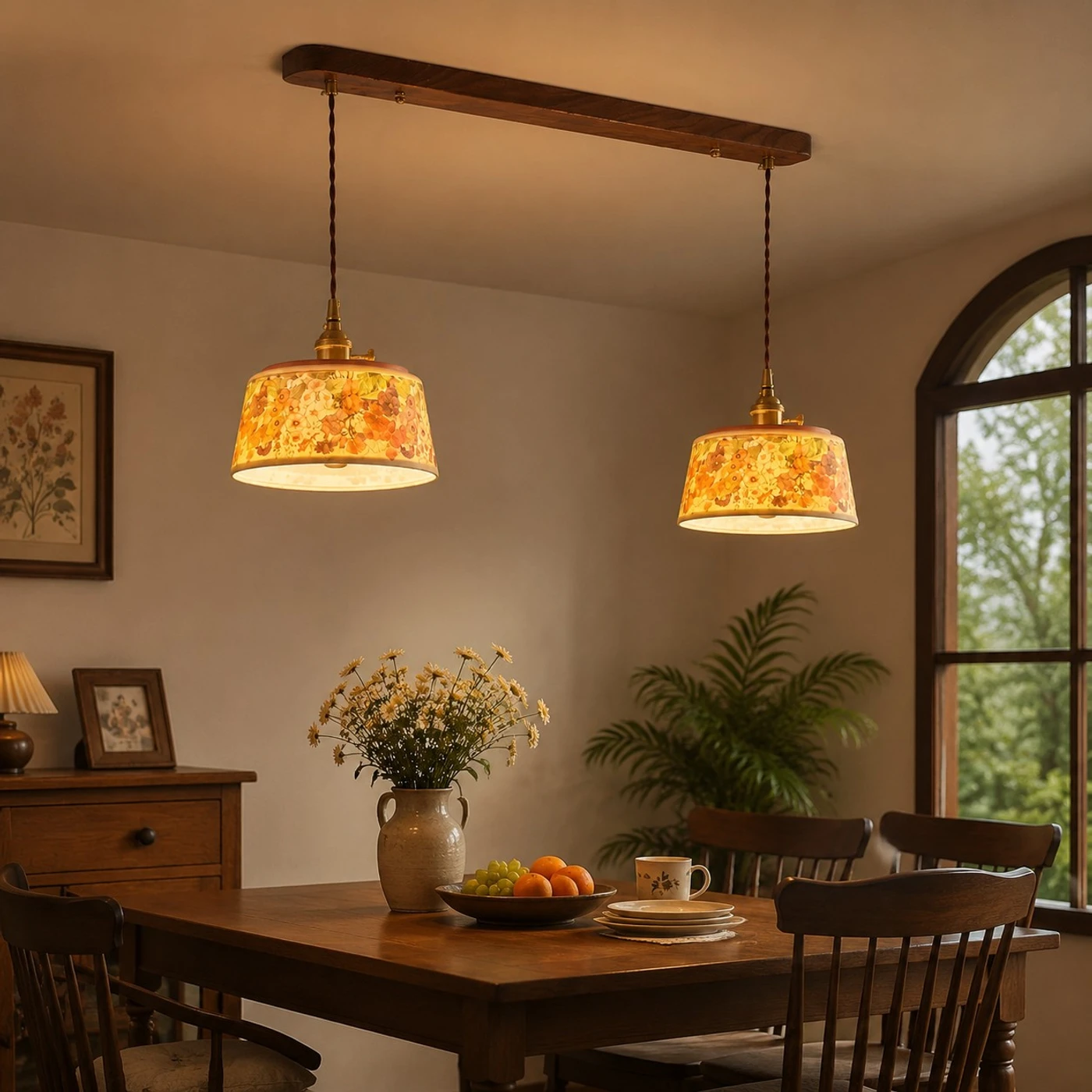 Vintage floral ceramic pendant light detail and room view