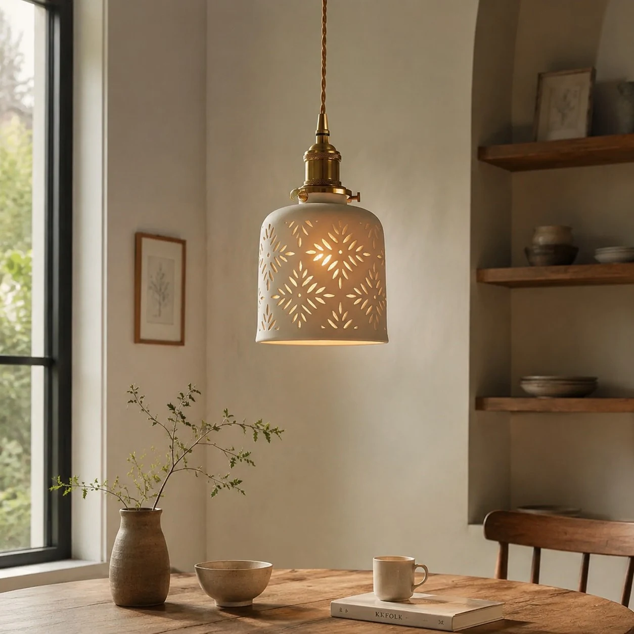 Floral ceramic pendant light above a warm dining table