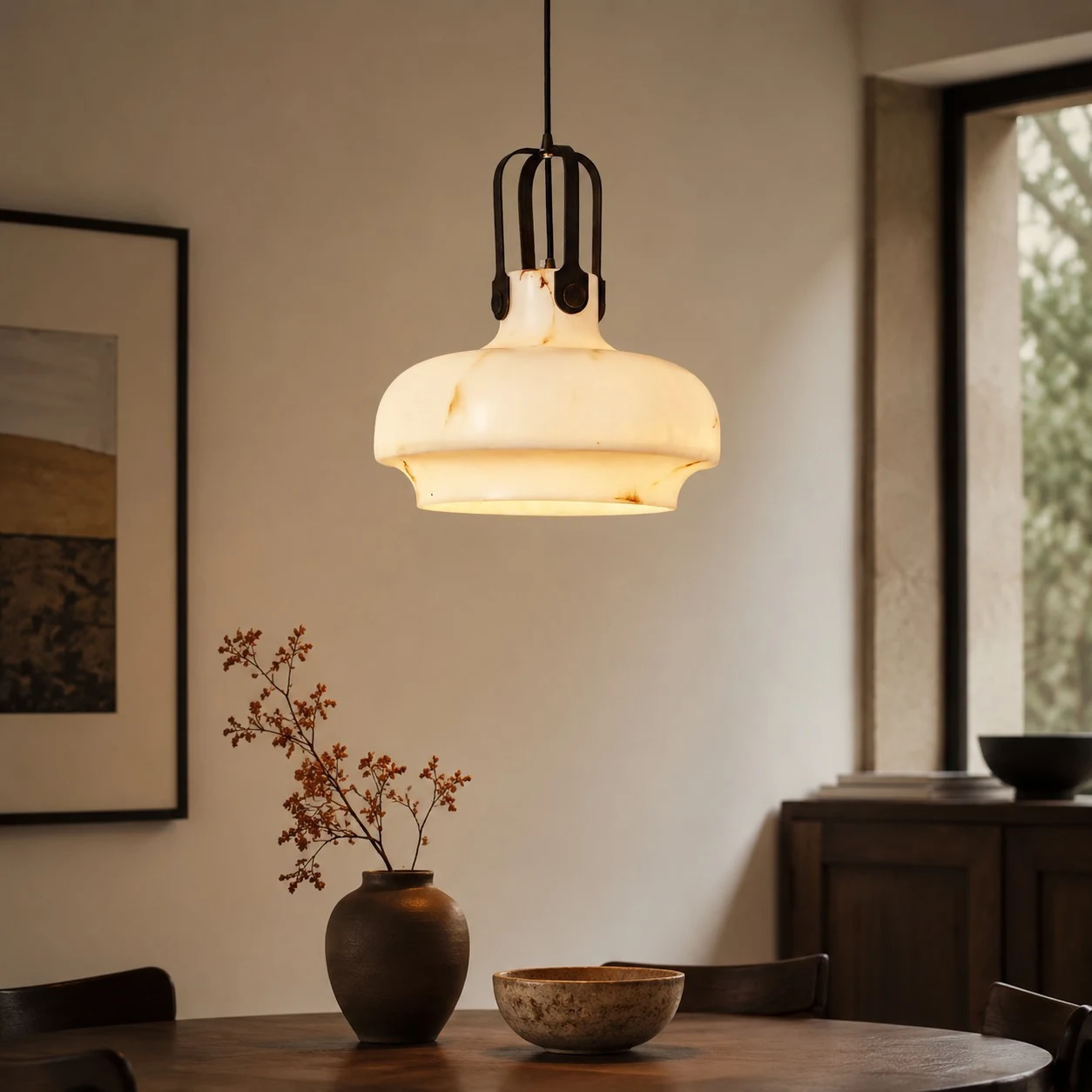 Faux alabaster pendant light installed above a dining table