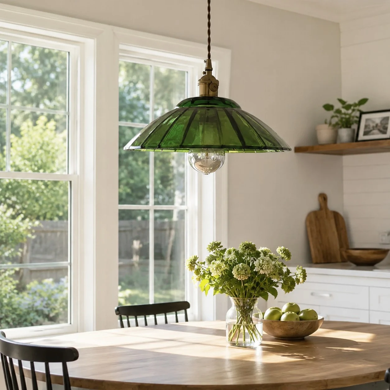 Green glass pendant light in a bright dining room