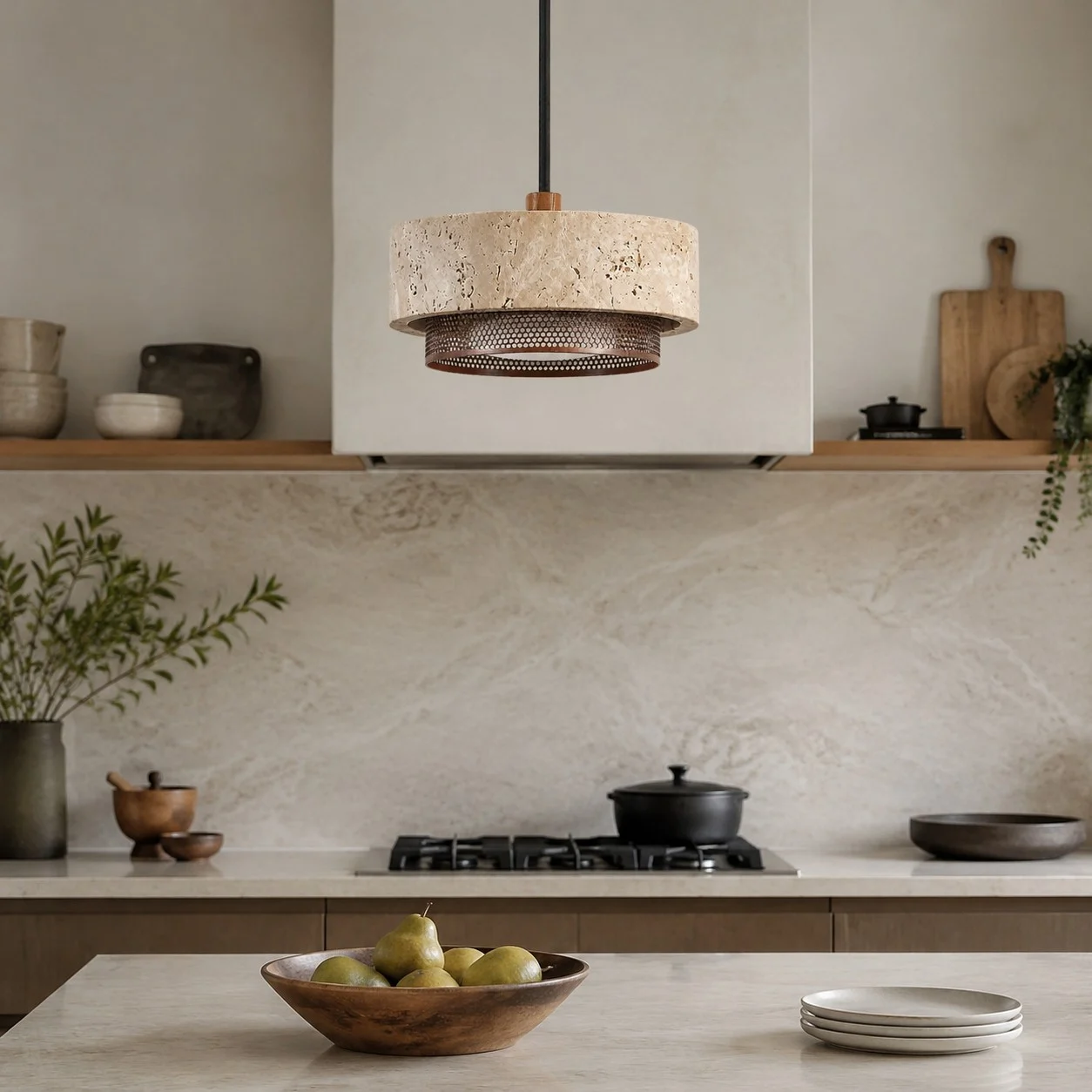 travertine walnut pendant light above a neutral kitchen counter