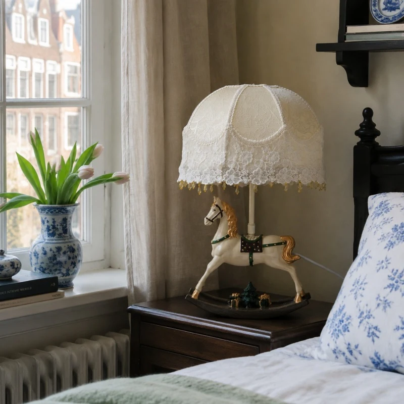 Vintage rocking horse table lamp styled on a bedroom nightstand