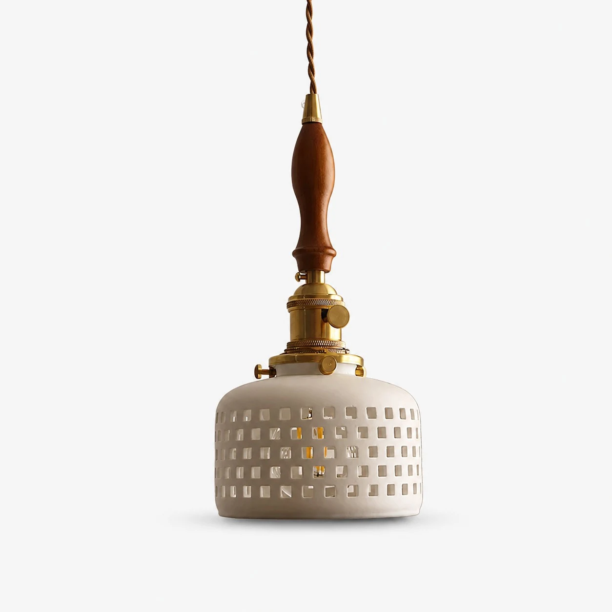 Wood accent grid cutout ceramic pendant light