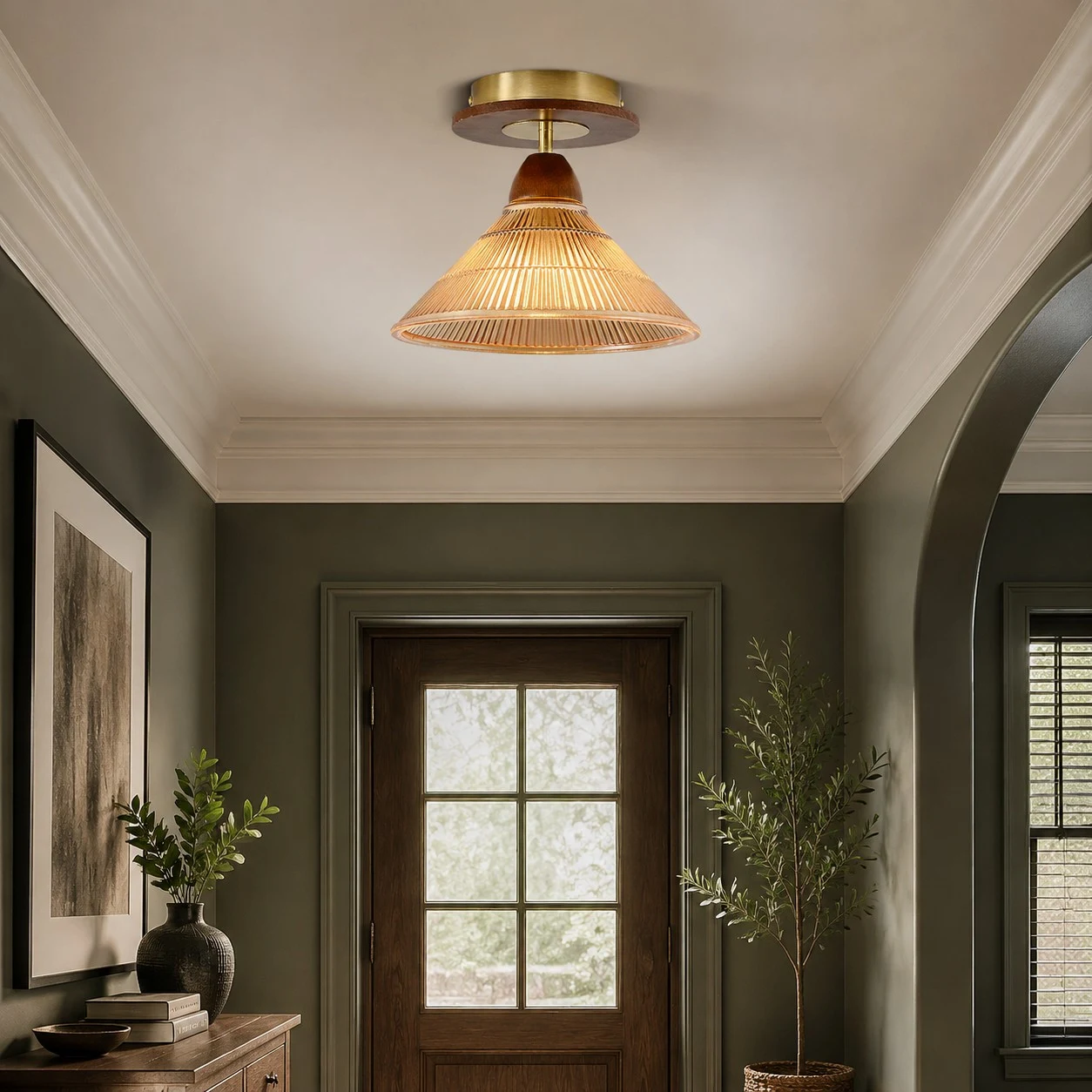 Amber pleated flush mount ceiling light in an entryway