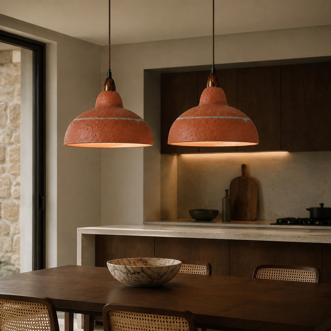 Terracotta resin pendant light in room setting