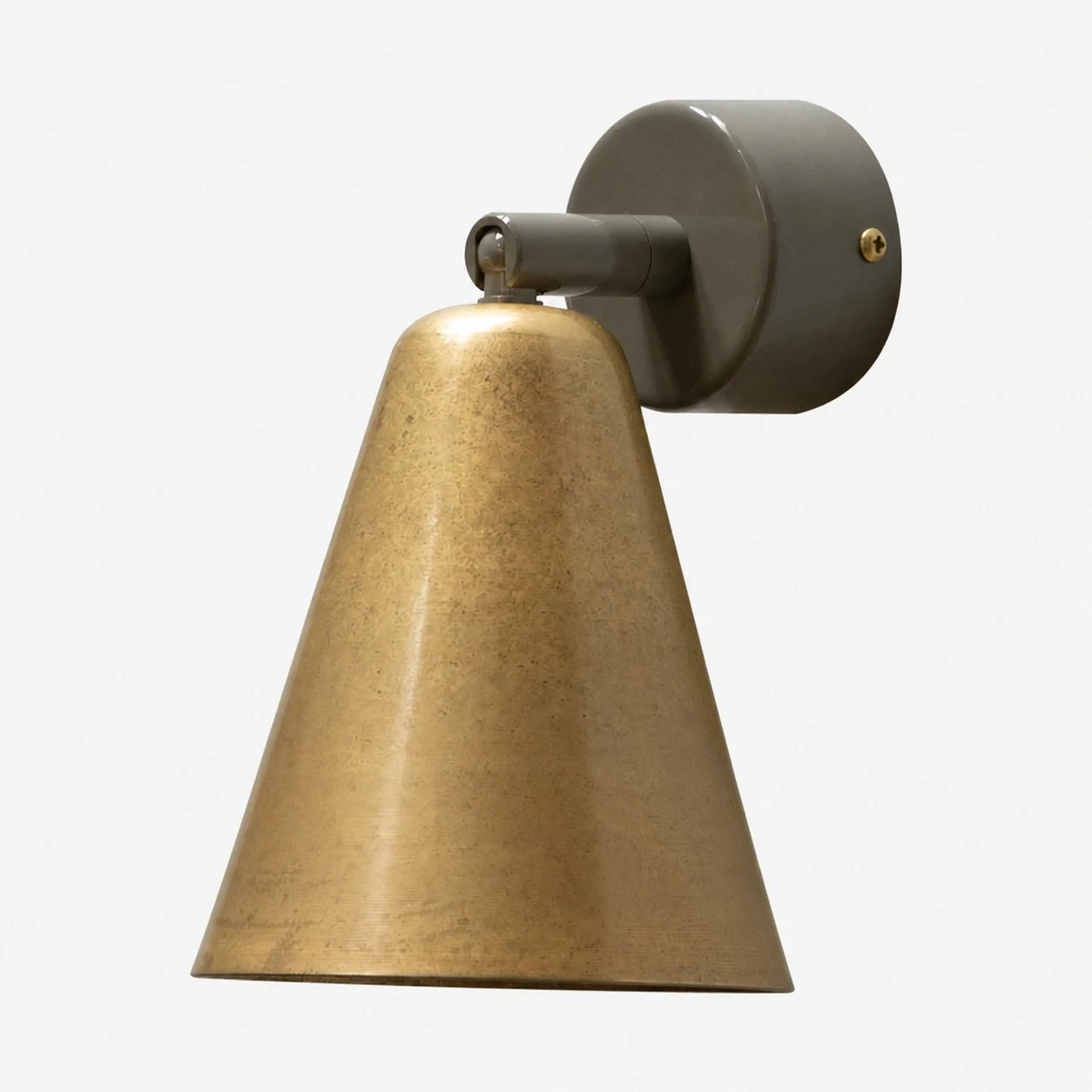 Brass cone wall lamp with dark gray wall plate