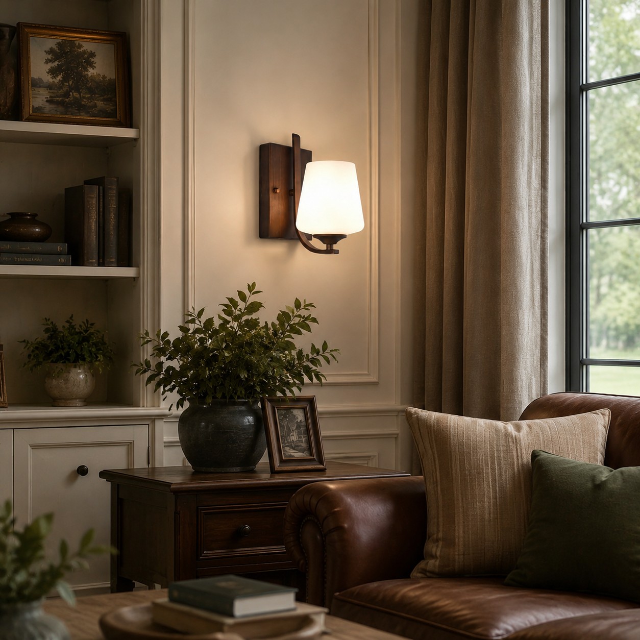 Wall sconce near window and side table