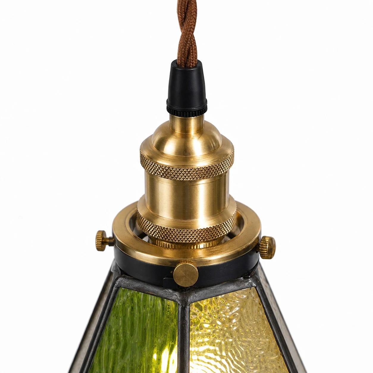 green amber stained glass pendant light detail or room scene