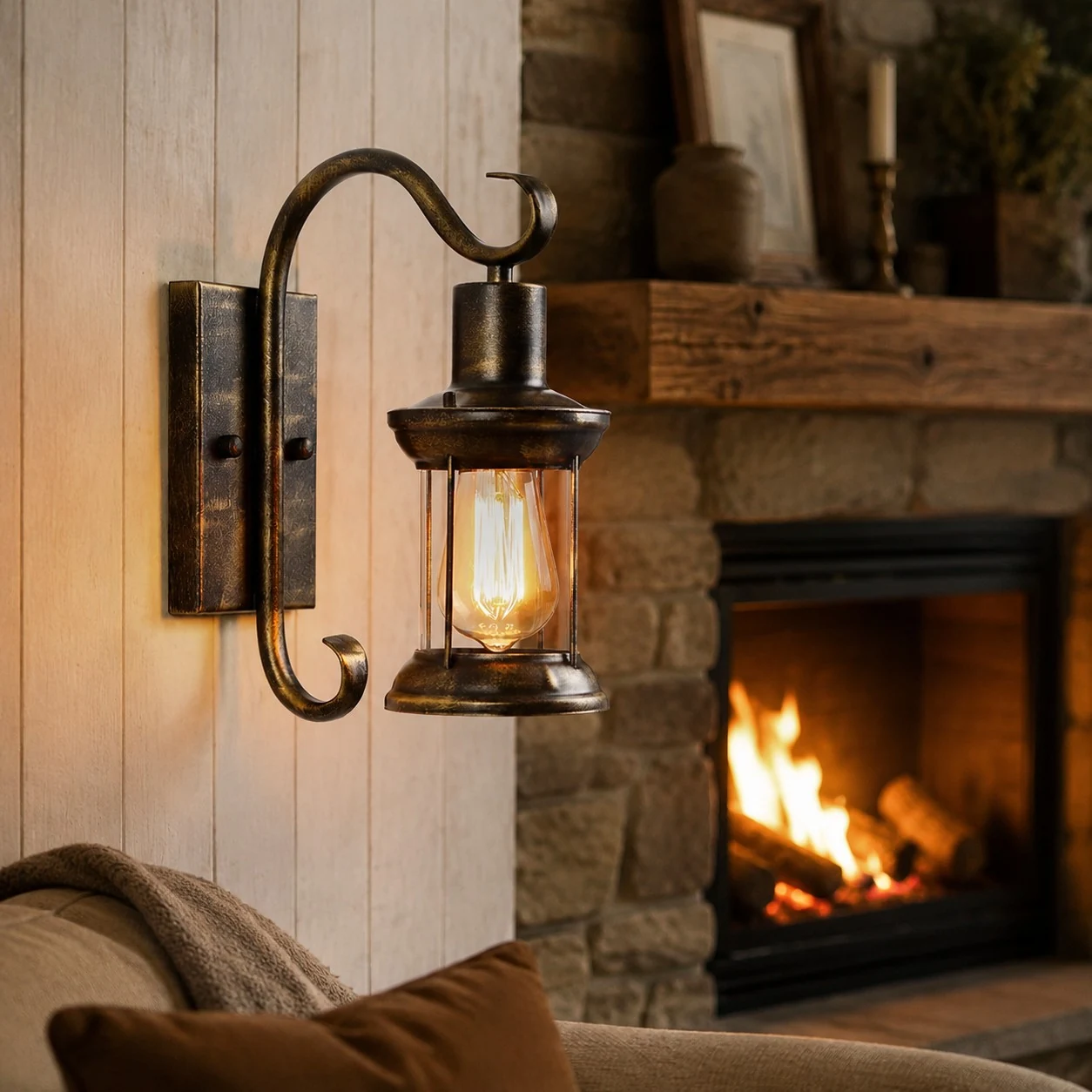 Antique bronze wall lantern used as warm indoor wall accent