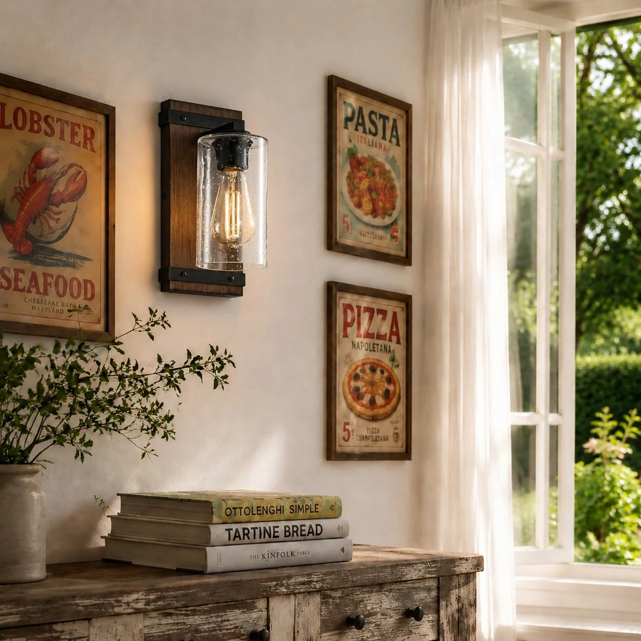 Rustic wall sconce styled in a dining corner
